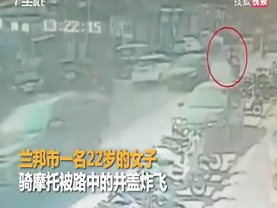 Female delivery driver launches in the air when a manhole explodes