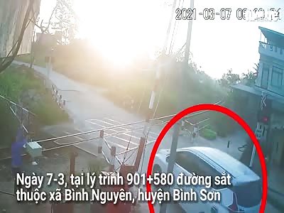 Train hits car  on crossing ....!!!