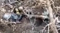 UA soldier sneaks up to RU soldier in dugout and....