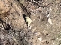 An artillery shell explodes near a Russian trench