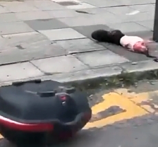 Motorcycle riders leg detached from body after crash aftermath