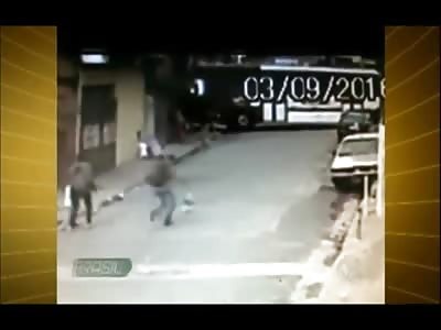 Woman Cleaning Sidewalk is Crushed against Wall