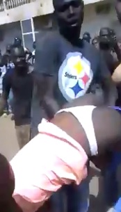 Homosexual Thief has his Clothes Stripped Off showing his Peach Thong 