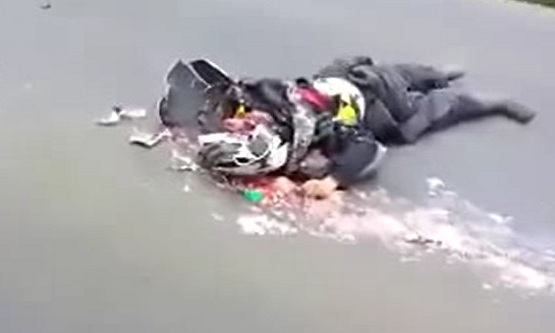 Rider with head totally crushed inside helmet and passenger Killed too