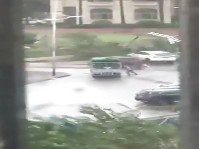 Man vs Truck.. Truck Wins..