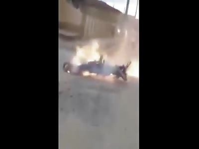 MOTORBIKE ACCIDENT MAN BURNED ALIVE.