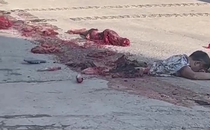 Green truck takes a half of pedestrian body 