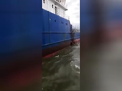 Aftermath of a strike by a kamikaze surface drone on a Russian tanker 