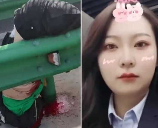 Young Biker Girl and Highway Guardrail Become One.