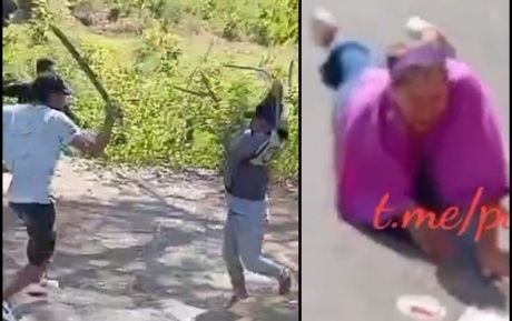 Sword fight and a woman falling from moving bus