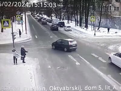 Cars flew onto sidewalk and hit old woman