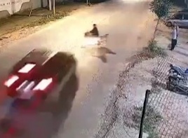 Speeding car crashed stupid motorcyclist 