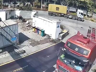 Chinese Motorcyclist Run Over By Huge Truck