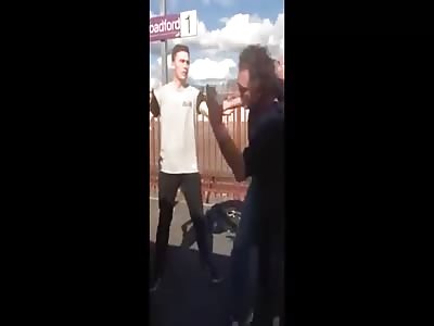 train cops beat an asshole up for harassing a female customer