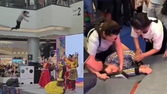 Man Falls on Stage During live Performance inside Busy Mall