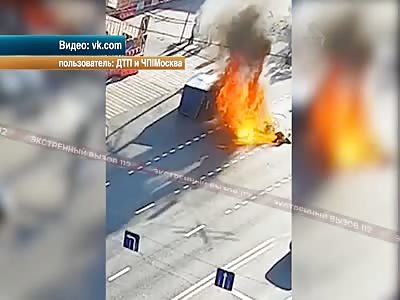 The motorcycle rammed the truck and exploded. 