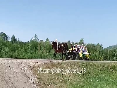 Horse wagon full of peasant Russian women crushed by speeding car 