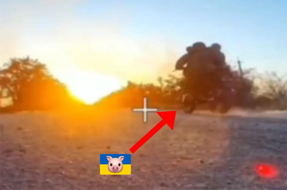 Ukrainian motorcycle ambushed by Russian drone.