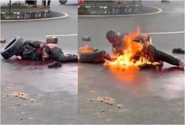 Bleeding Criminal Burned Alive On Busy Road