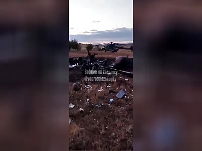 A burnt Russian helicopter after the attack on Crimea.