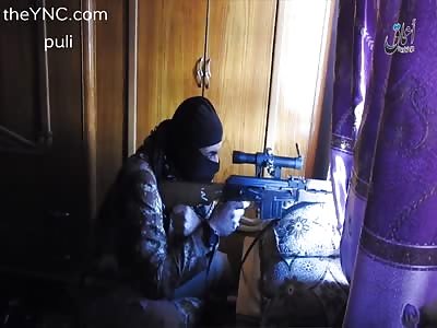 Sniper three Iraqi soldiers standing in a neighborhood east of Mosul