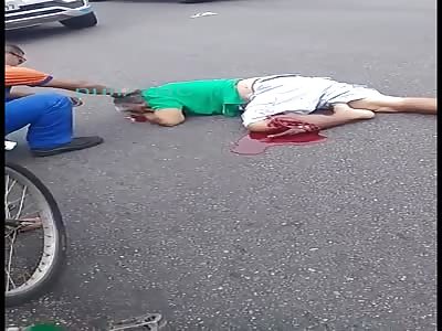 The old man is trampled by a motorcyclist.  (leaves knee made shit)