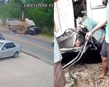 Car And Its Occupants Buried By Truckload Of Bricks 