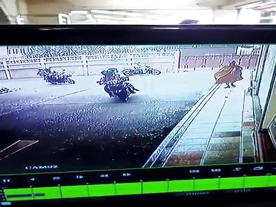 CCTV. Accident car vs motorcyclist