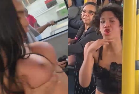 Wild Trannies Get Into A Two On One Fight On The Busy Bus