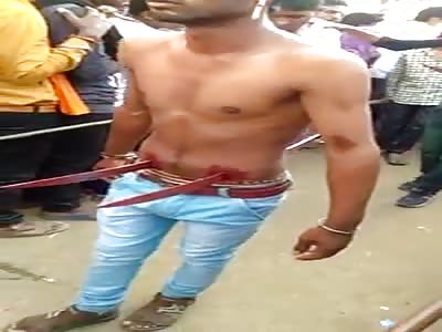 omg man man has iron bars crossed in the body