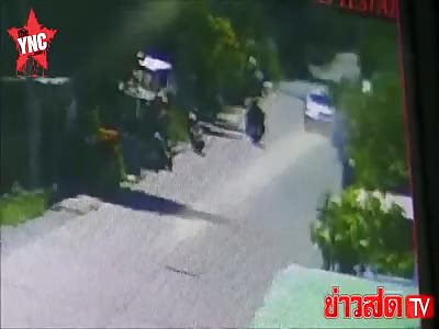 Toyota pickup with blue PVC tube 4 inch puts motorcycle girl in hospital