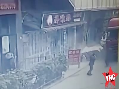 aftermath and close up of the  cement blocks that fell on to a love couple in Sichuan 