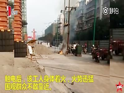 a decoration worker burst into flames when he was killed by accidental high-voltage electric discharge in Changning  
