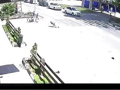 Sliding biker takes out kid on crosswalk. Two angles.