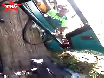 Man stuck in bus wreckage