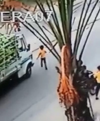 Boy is Run over by a truck on the street (Slow motion add)