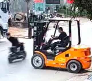 Forklift Makes Biker's Day More Interesting
