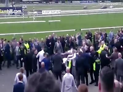 Punches are thrown in a massive brawl at Haydock Park Racecourse