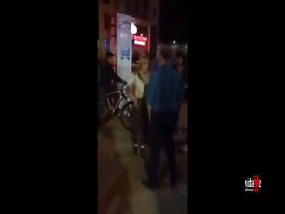 man beats down blonde