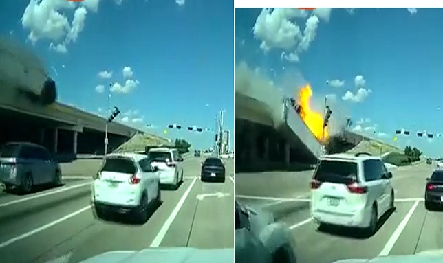 Horrific Moment an 18-Wheeler Drives off an Overpass,