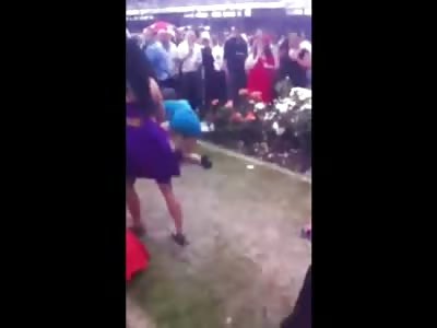 Drunk but Sexy Woman in Tight Blue Dress wants to Fight Everyone