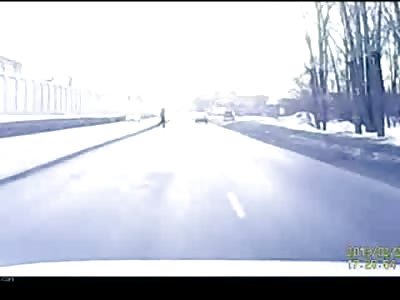 POV of Pedestrian Annihilated by Car Wintry Russian Road