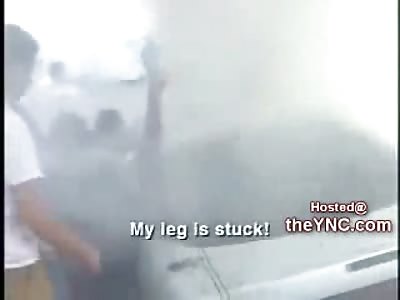 Man Burning Alive is Pulled out of Verhicle at Last Second by Good People