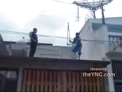 Delusional Man with Broken Leg Beaten With his Own Crutch by Officer off of Building....Slams his Head on the Concrete