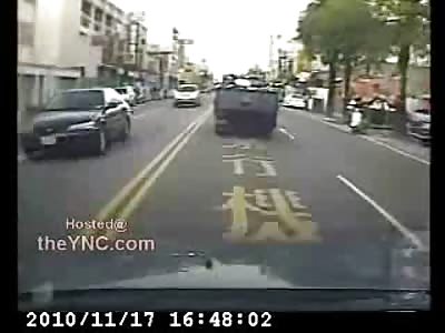 Amazing First Person Dashcam view of Chinese Man Getting BLASTED Head on By Car 