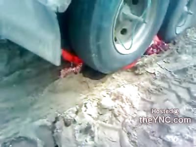 Female still under the Wheels, Brain pushed through Small Opening in the Face