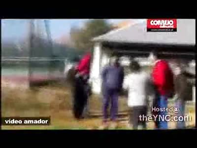 Maniac holding his Grandson Kills the Father with 5 Shots, One to the Chest (Guy in Red Shirt gets Shot)