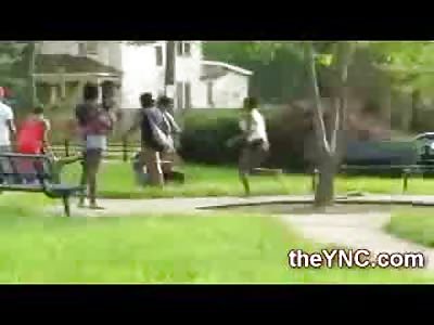 Pregnant Woman in Red Dress Fights with 2 Younger Shirtless Girls in the Park