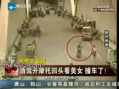 Pretty Girl in Skirt causes Pile Up Accident when Biker has to Look at Her