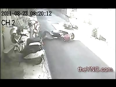 A Romantic Meeting, Girl on Pink Scooter Runs right into Man on the Street